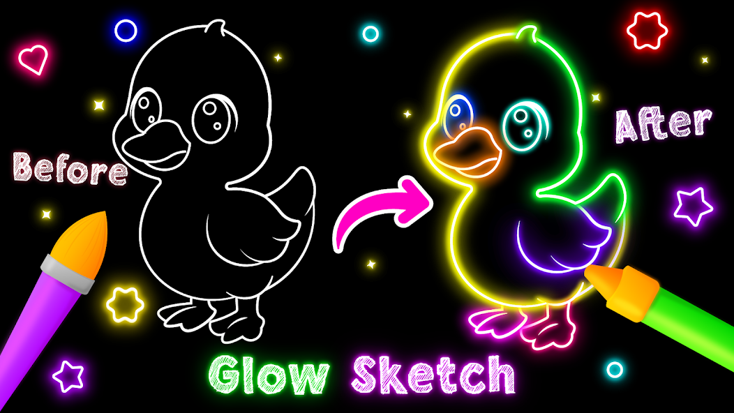A duck transformed into a rainbow neon drawing in Joy Coloring